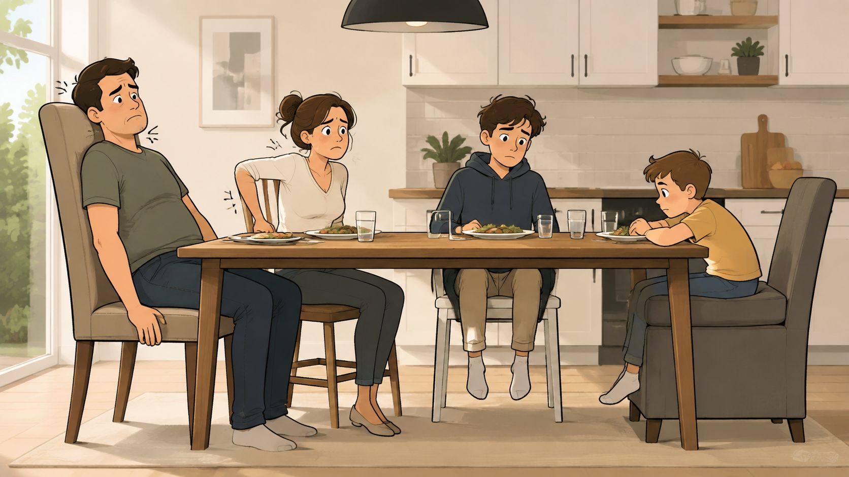 A family of four looking uncomfortable while sitting on various dining chairs in a modern kitchen.