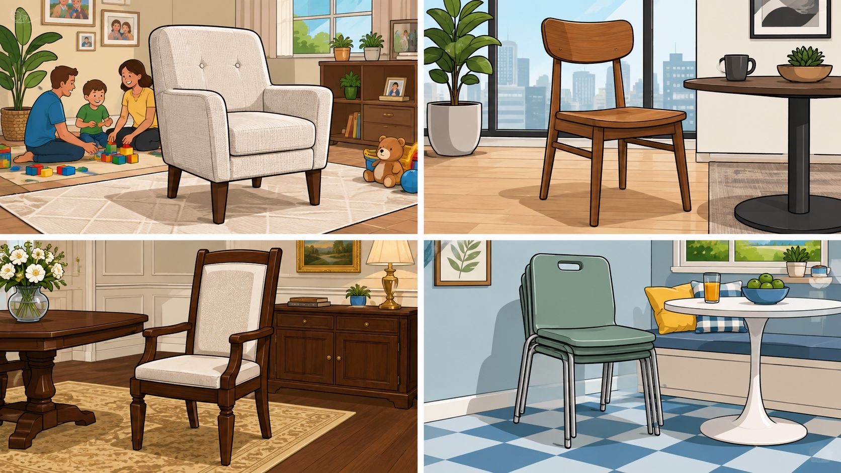A collage showing four different styles of chairs in various indoor dining and living room settings.