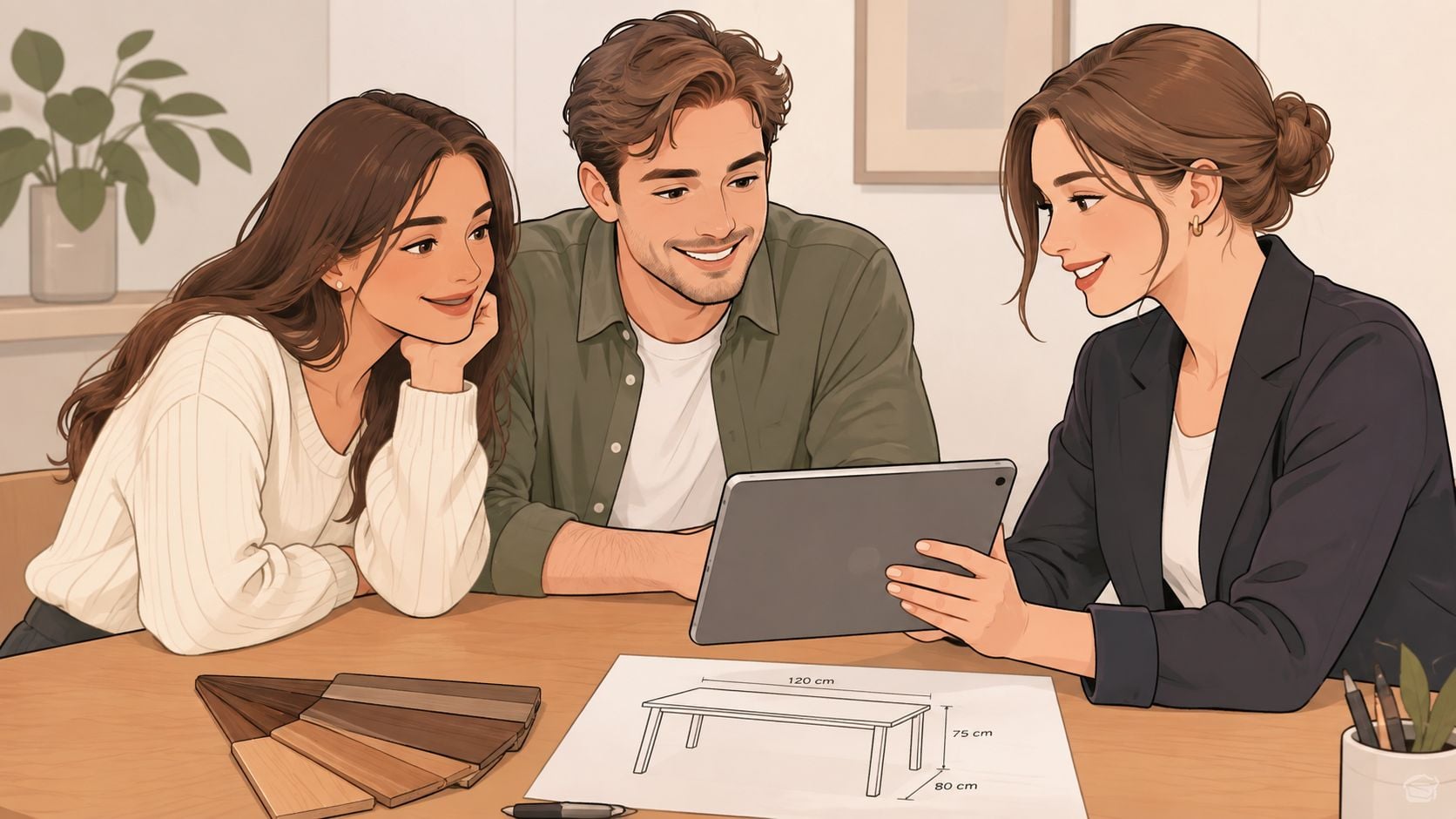 A designer presents custom dining room table plans on a digital tablet to a young couple.