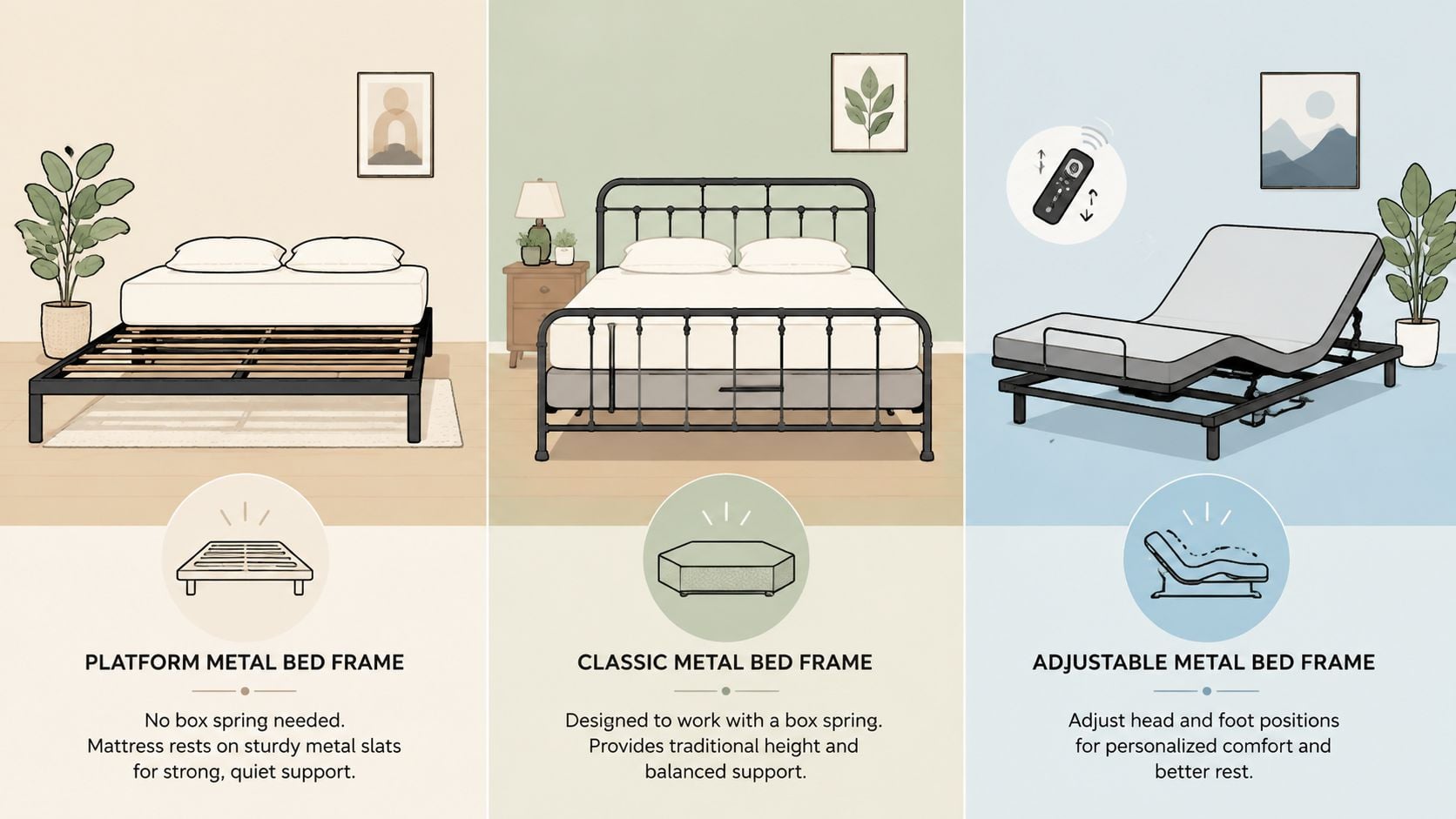 Three different styles of metal bed frames including platform, classic, and adjustable models for bedroom furniture.