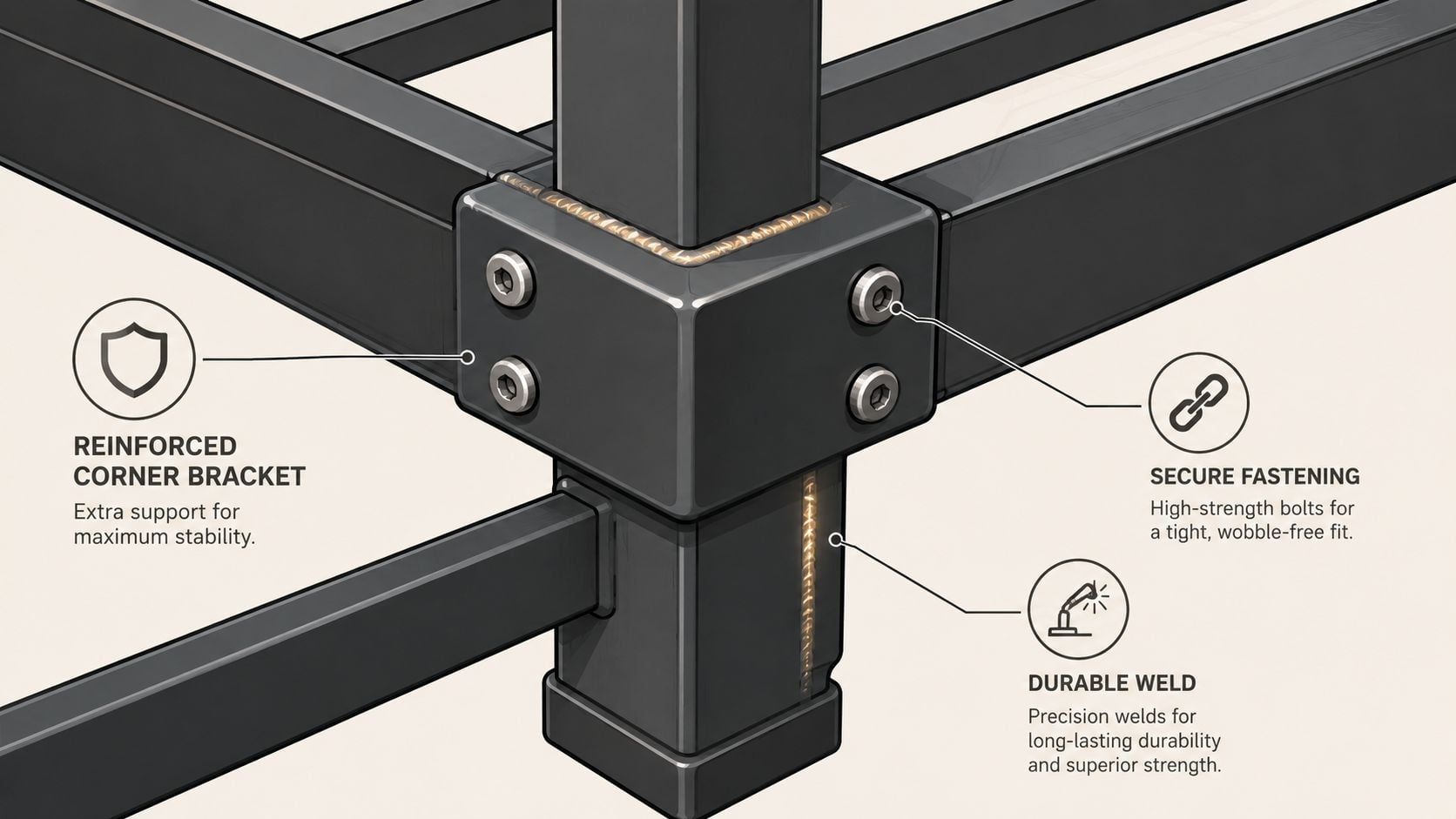 Close-up of a sturdy black metal bed frame corner with reinforced brackets, durable welds, and secure bolts.