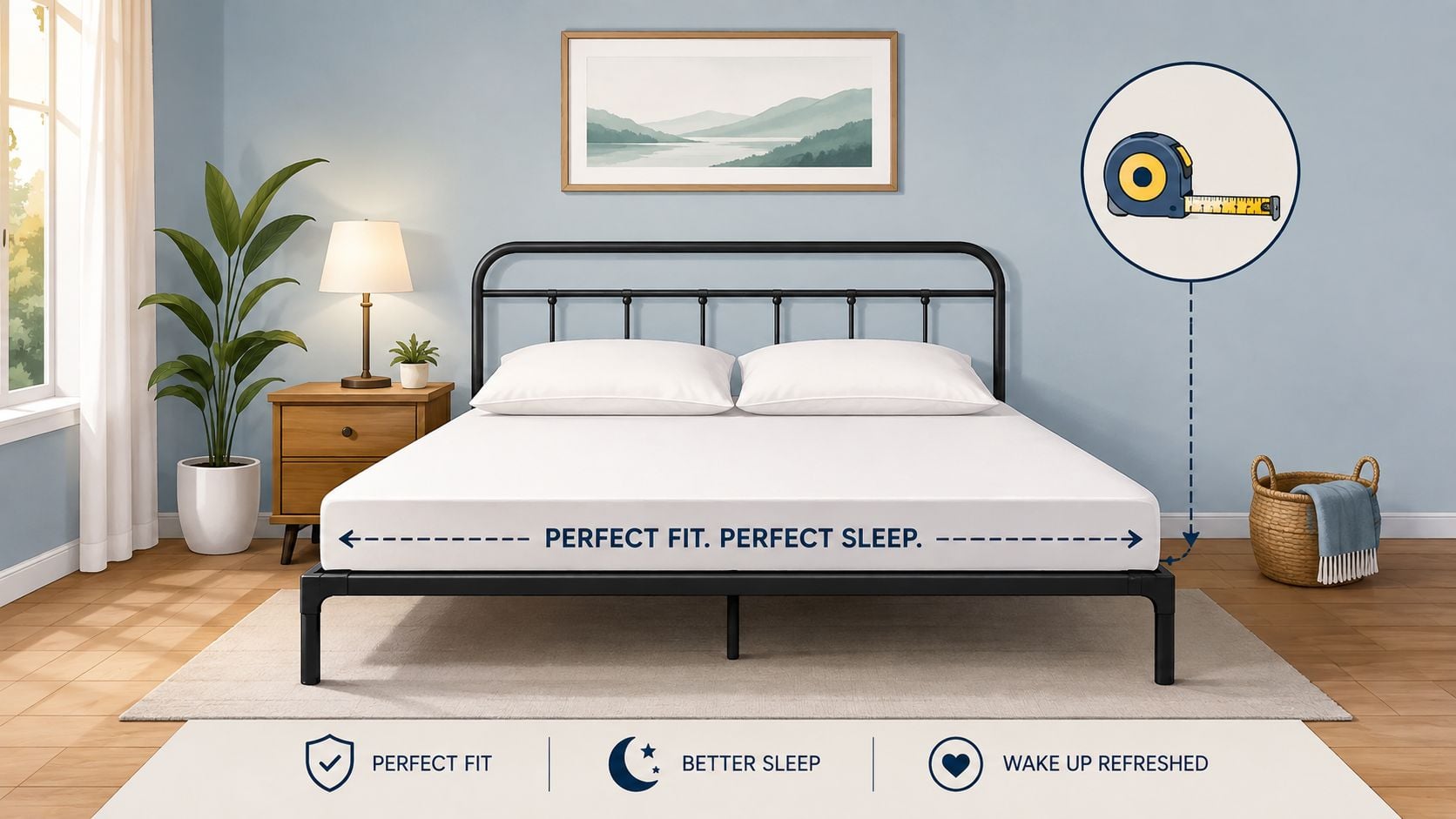 A modern black metal bed frame with a mattress in a cozy bedroom with minimalist decor.