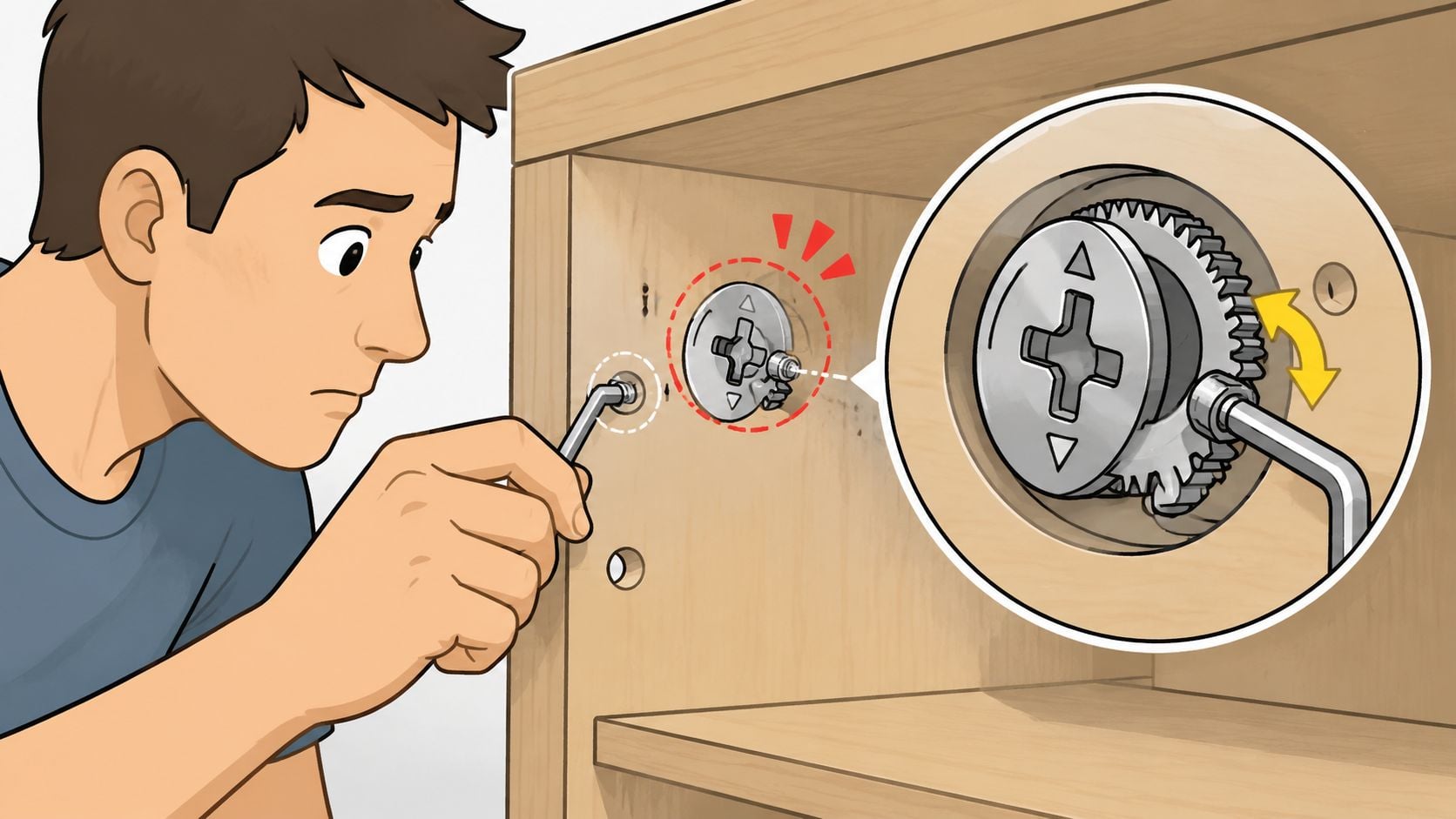 A person using an Allen wrench to tighten a cam lock fastener on wooden furniture assembly.