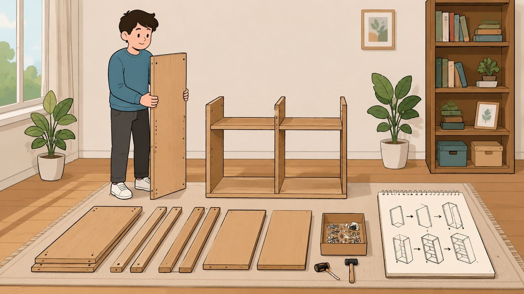 A young man holding a wooden board while assembling furniture pieces on a rug in a room.