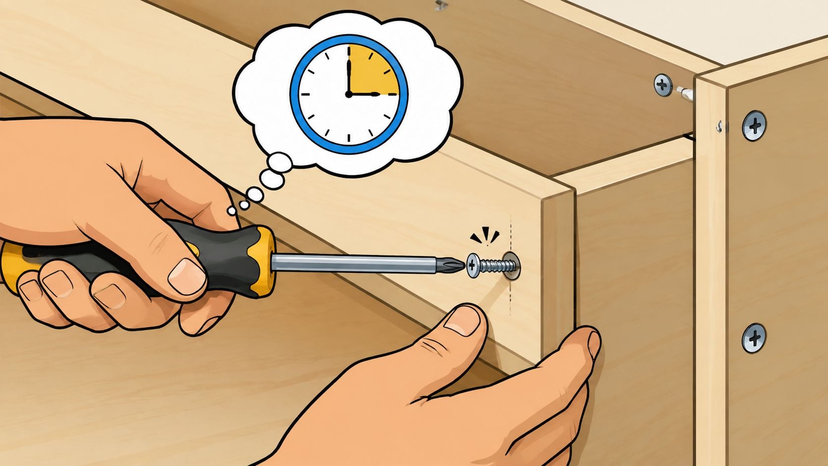 A close-up illustration showing hands using a screwdriver to tighten a screw during furniture assembly.