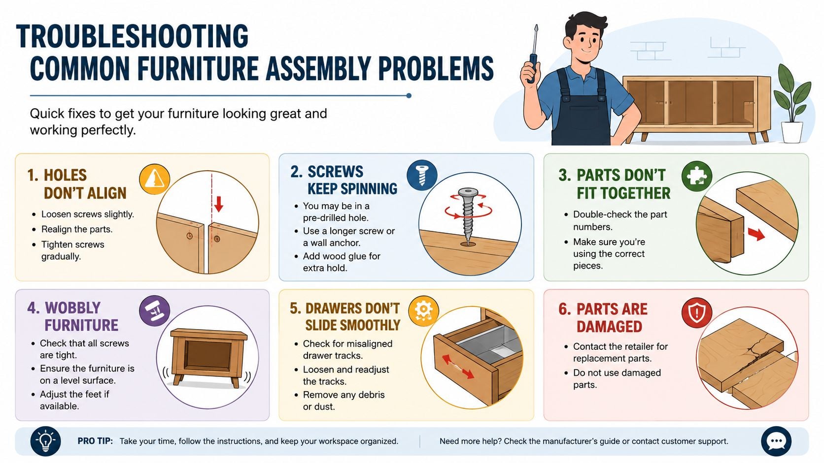 A helpful infographic illustration showing six common furniture assembly problems and quick tips on how to fix them.