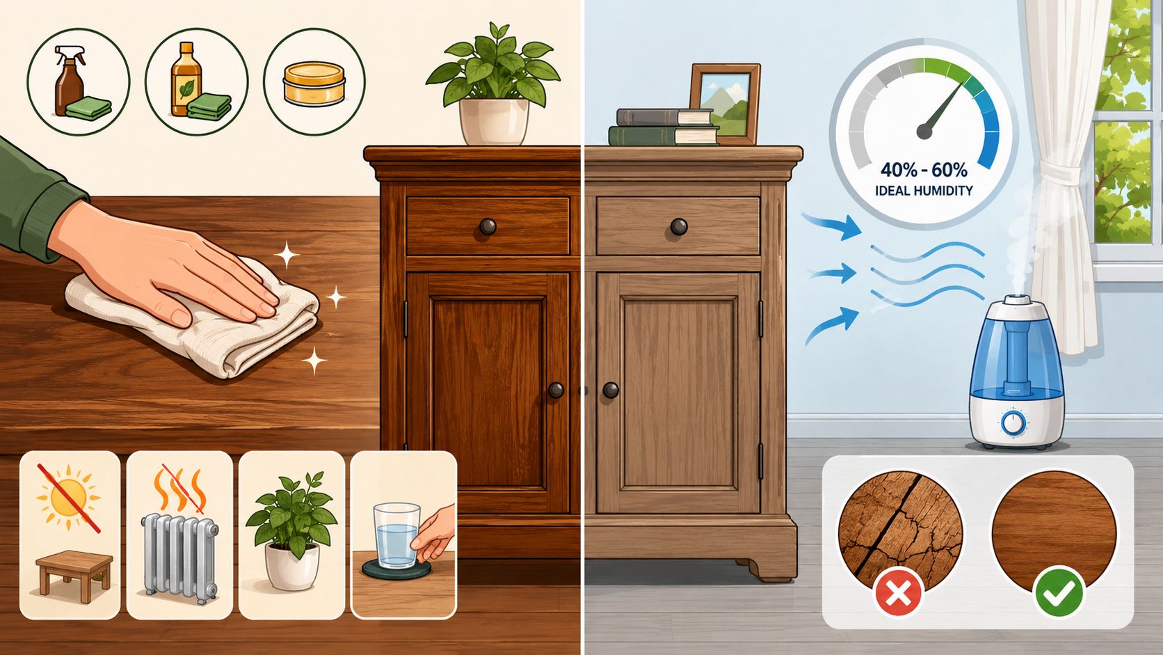 A split illustration demonstrating proper wooden furniture care, maintenance tips, and ideal home humidity levels for longevity.