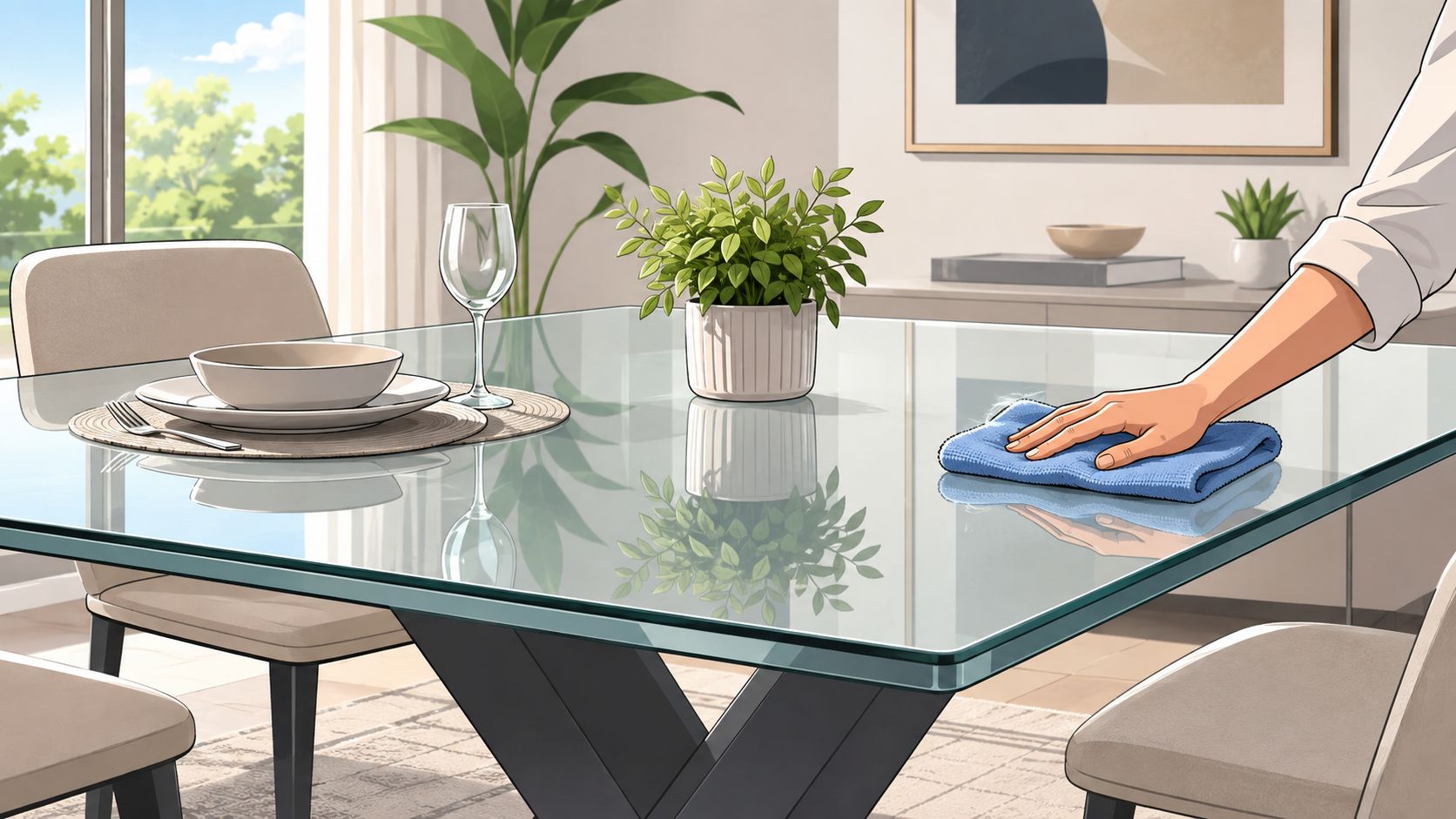 A person wiping clean a modern glass top dining table with a blue microfiber cloth at home.