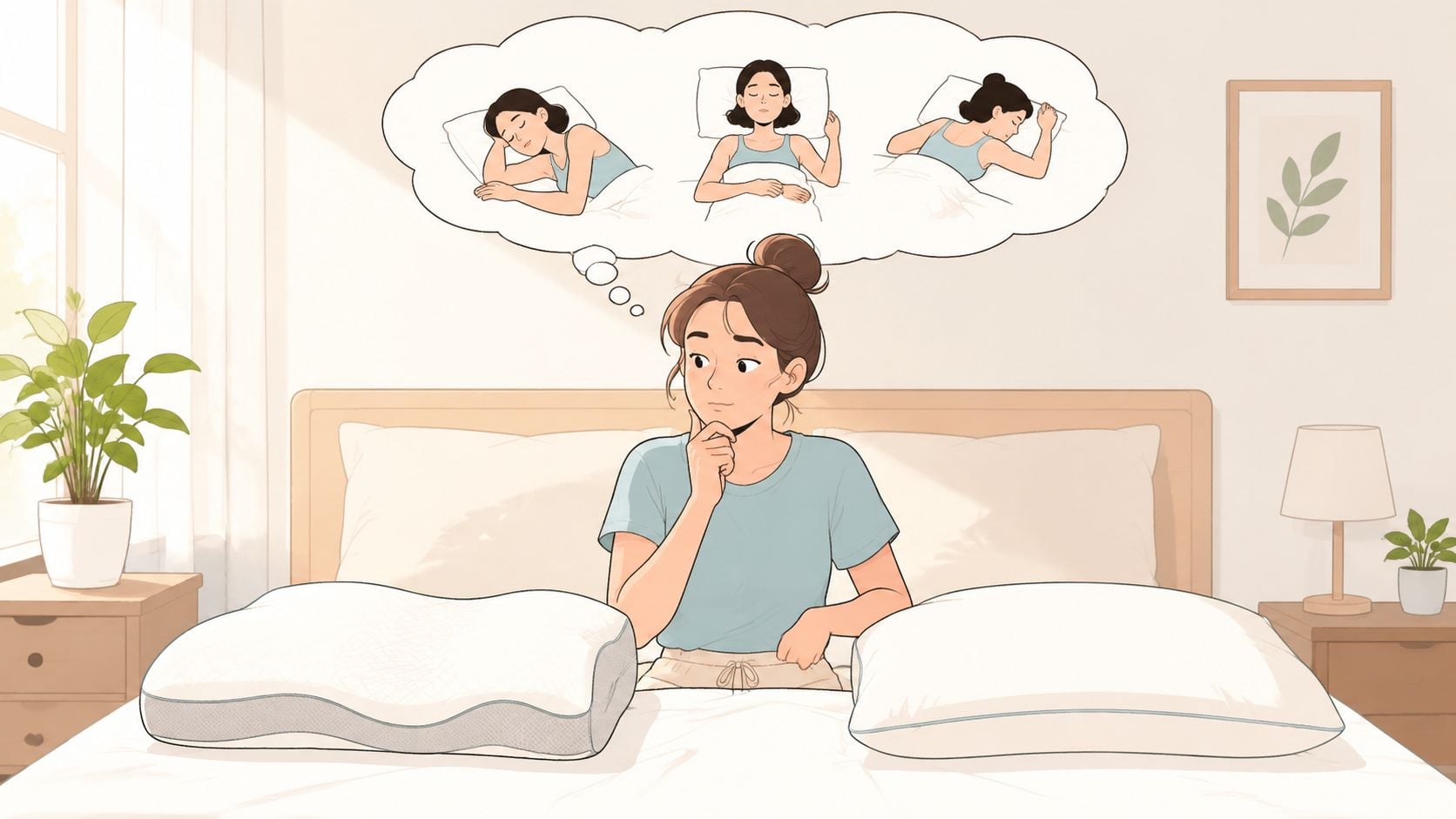 A woman contemplating between two different types of pillows while sitting on her bed at home.