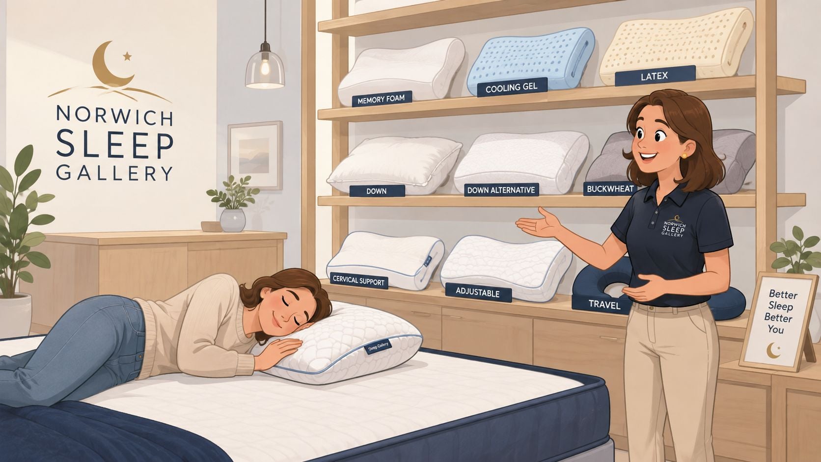 A store associate helps a woman test a pillow on a bed at a bedding store.