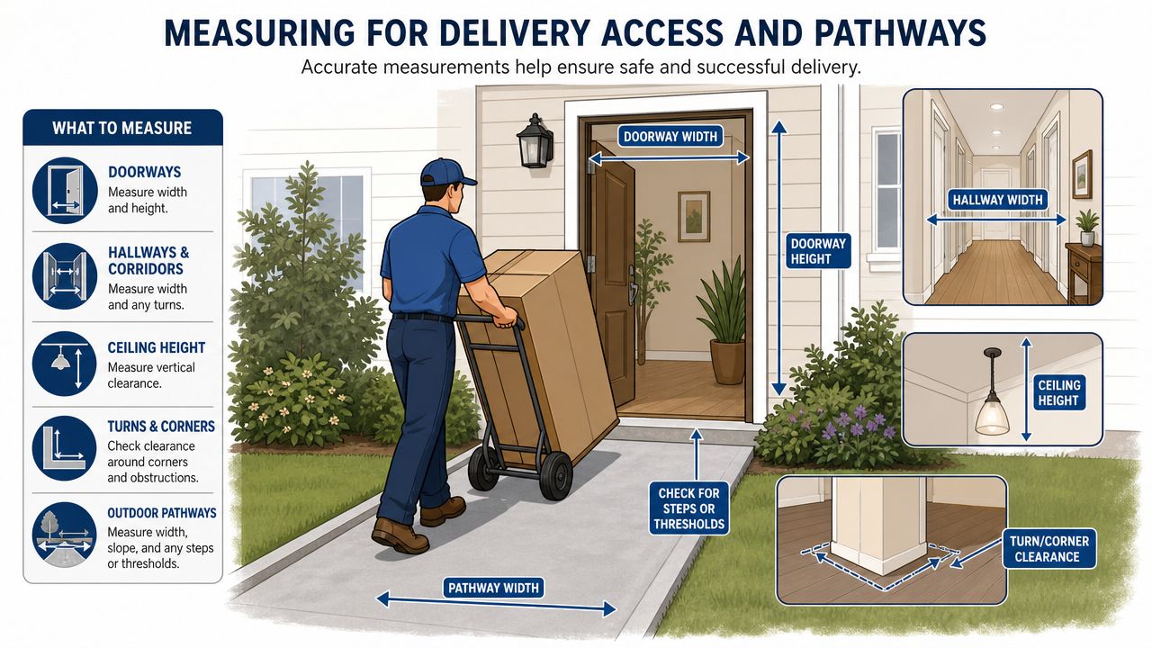 An infographic showing a delivery person measuring home pathways and door dimensions for safe furniture delivery.