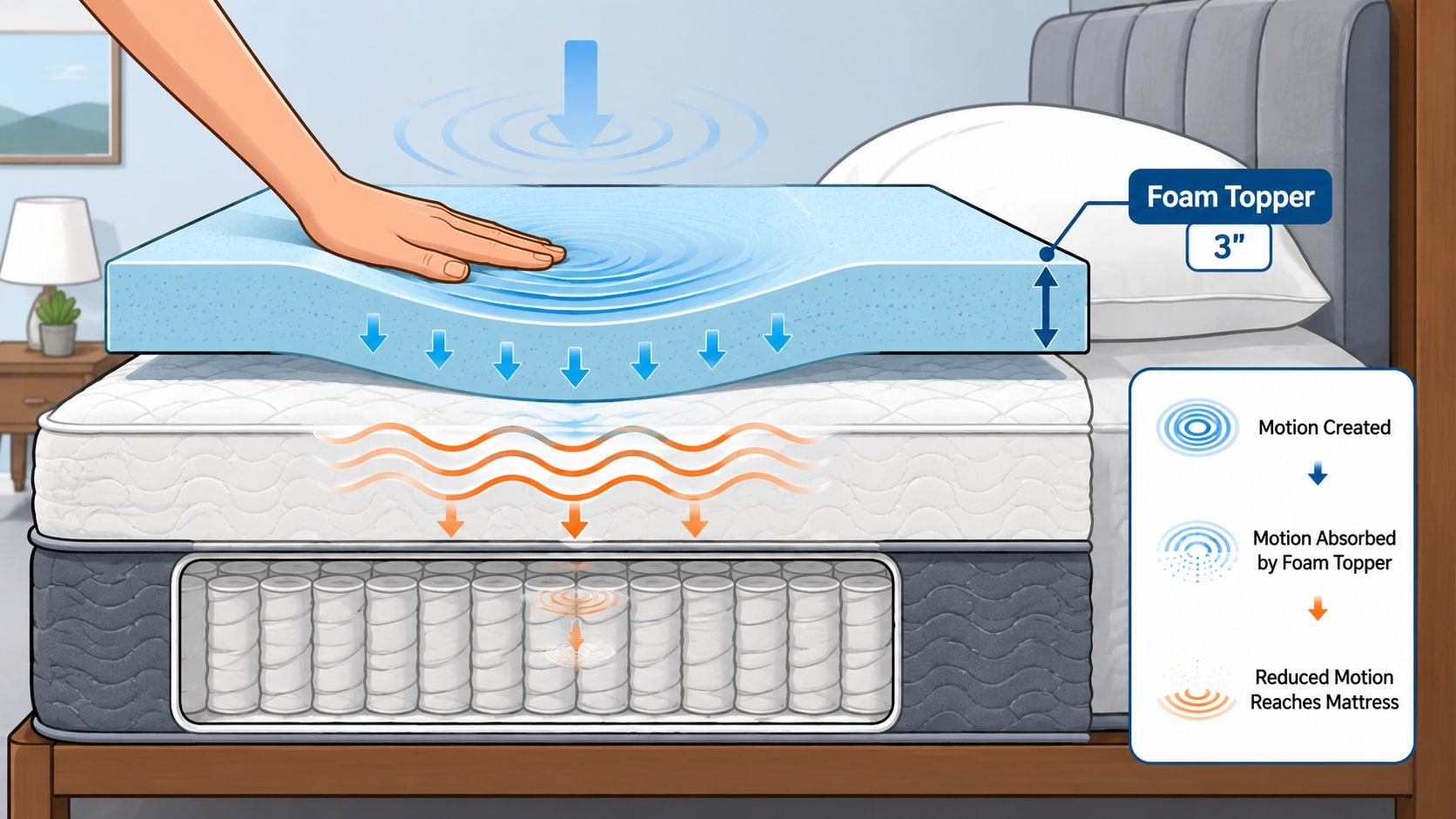 A diagram demonstrating how a 3-inch foam mattress topper absorbs pressure to reduce motion transfer on a mattress.