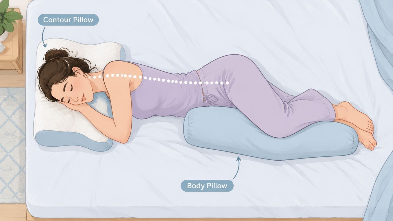 A woman lying on her side in bed using a contour pillow and a long body pillow.