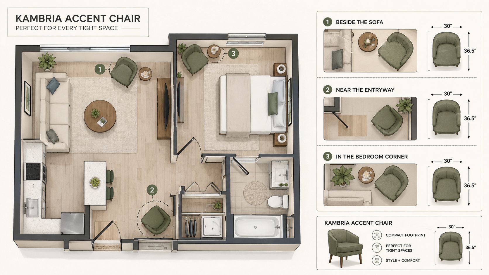 A floor plan of an apartment showing three suggested placement locations for the Kambria accent chair.