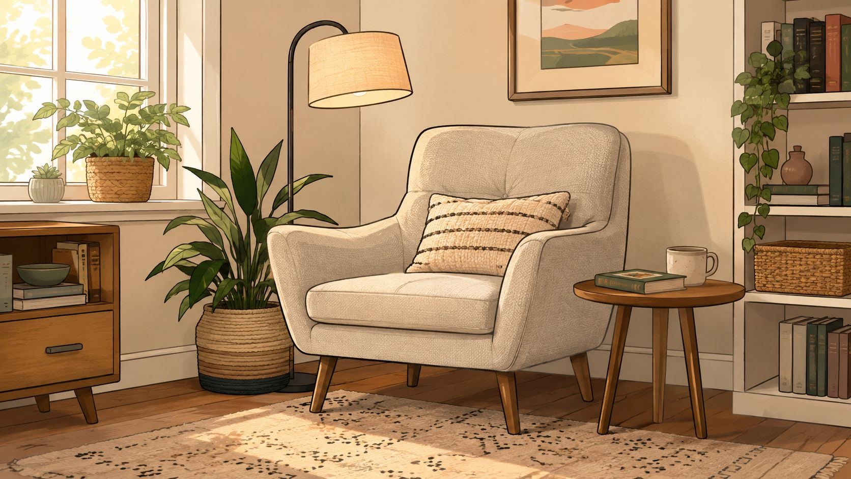 A cozy, sunlit reading nook featuring a comfortable light-colored accent chair, a floor lamp, and indoor plants.