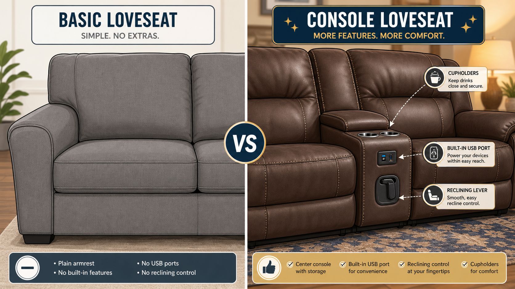 A side-by-side comparison of a basic gray fabric loveseat versus a brown leather console loveseat with features.
