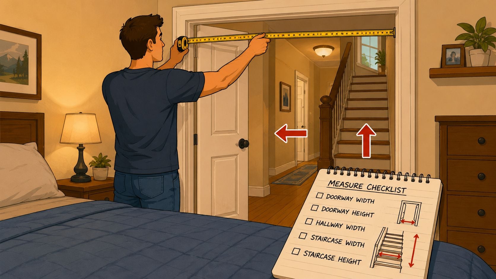 A person measuring a doorway width with a tape measure to prepare for mattress delivery and setup.