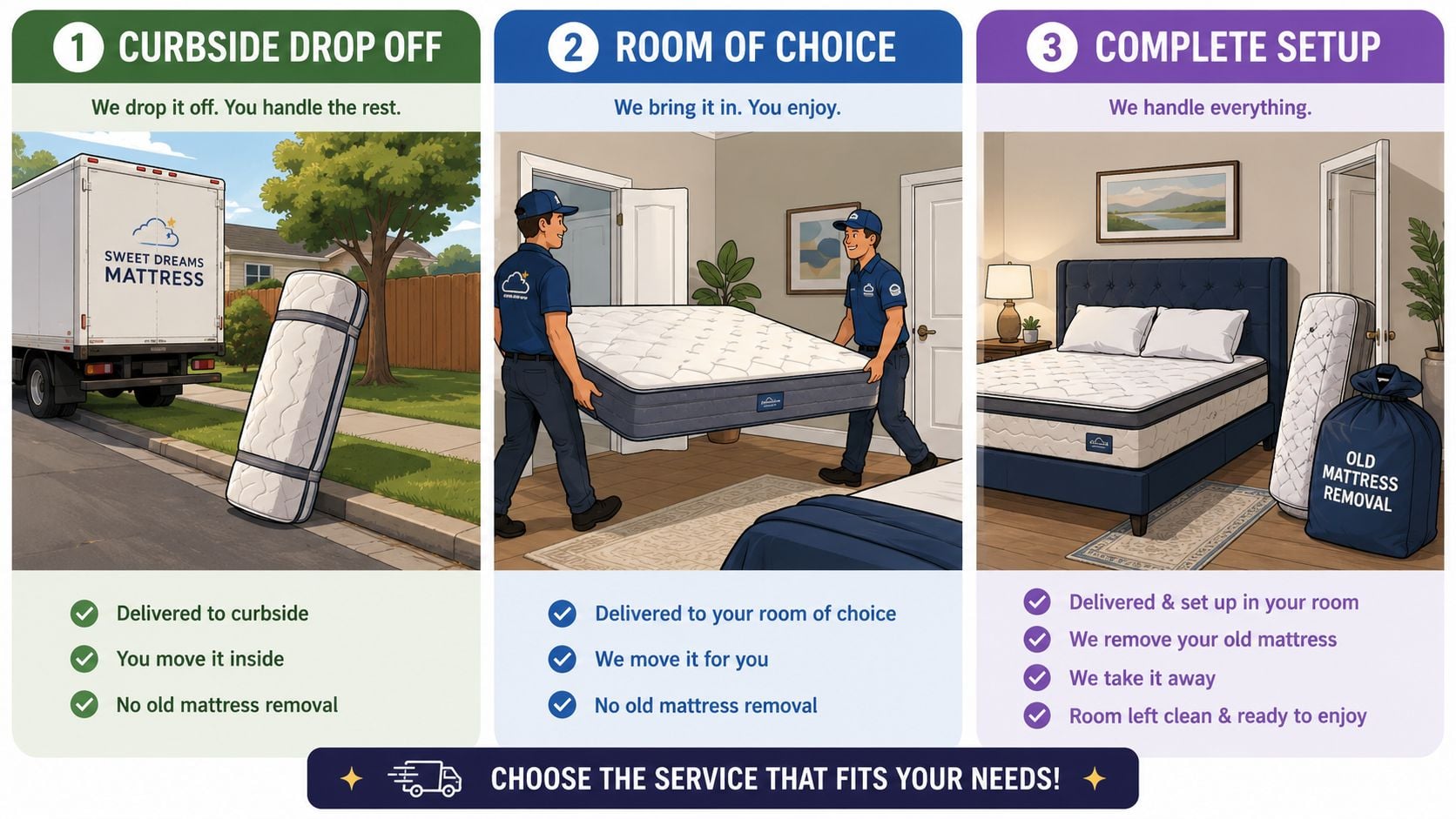 A graphic illustration comparing three Sweet Dreams Mattress delivery service options for customers to choose from.