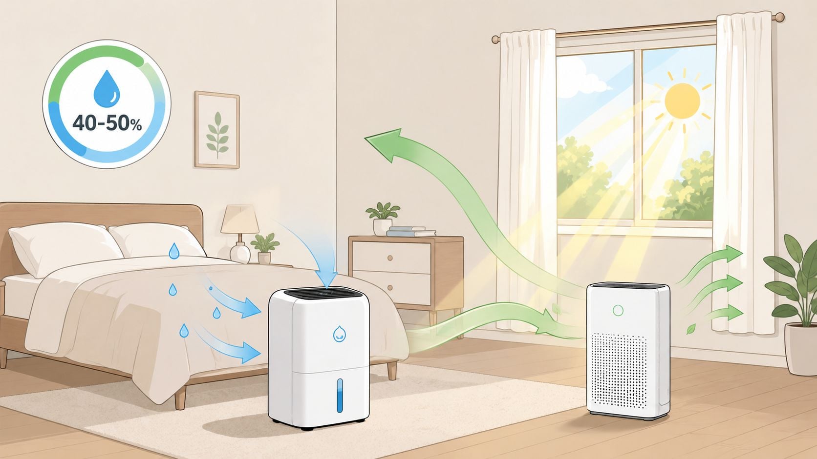 A dehumidifier and an air purifier working together to maintain a healthy bedroom humidity level.