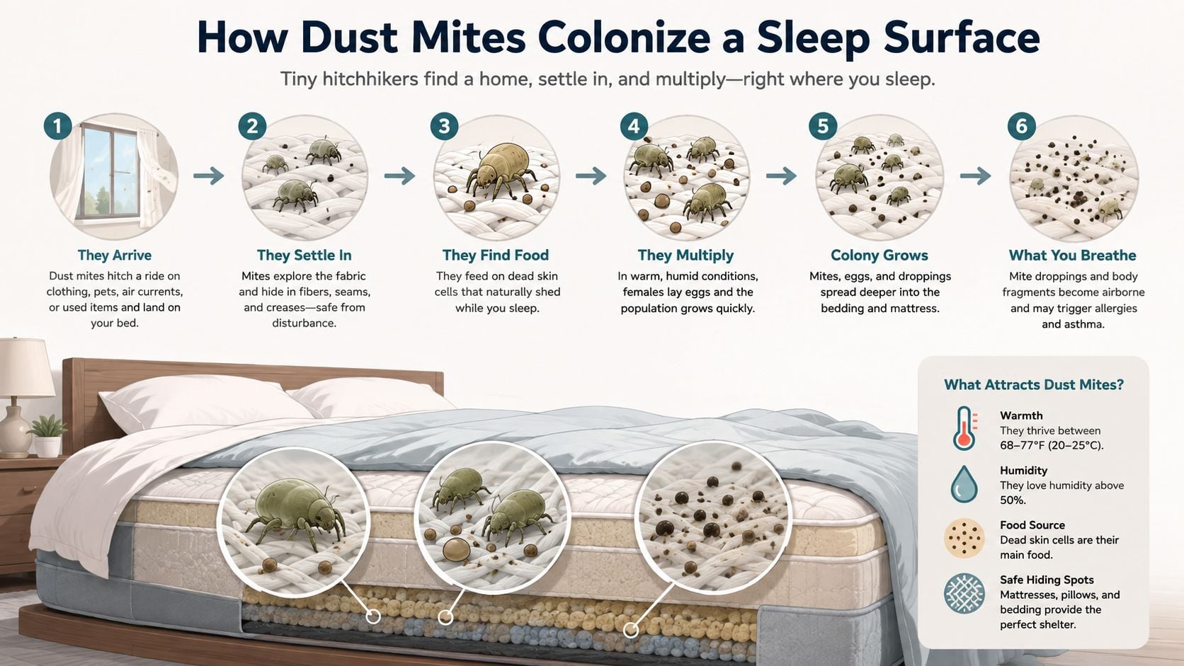 An infographic showing the life cycle and colonization process of dust mites in a bedroom mattress.