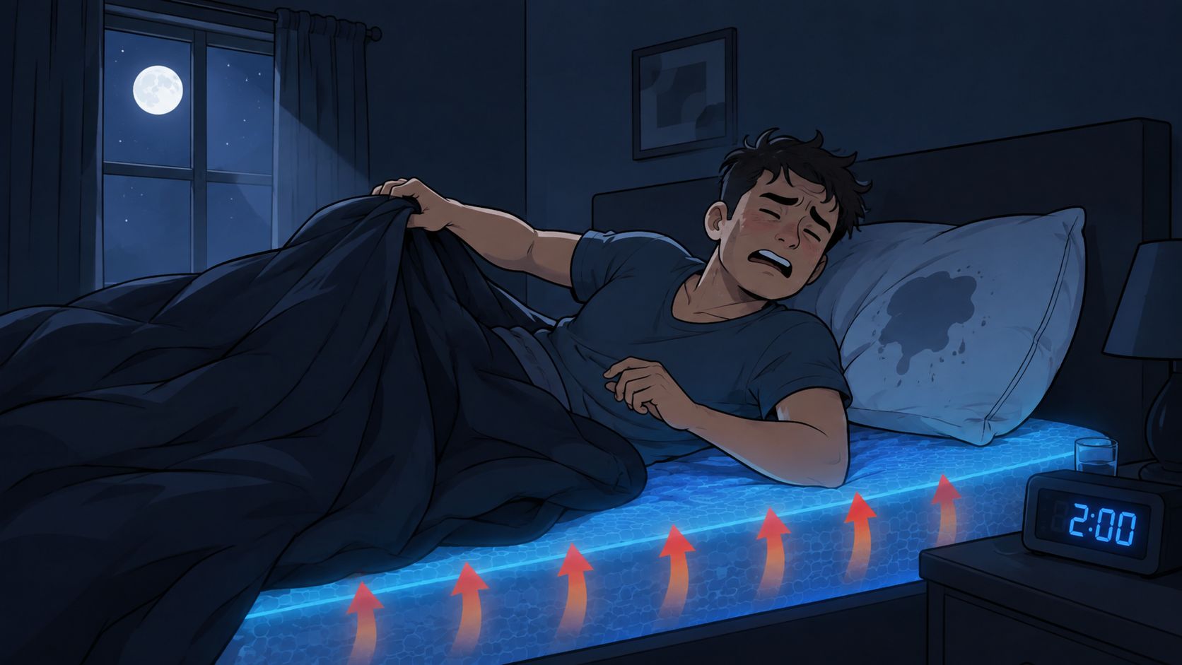 A sweaty man waking up in bed at 2 AM due to heat emanating from his uncomfortable mattress.