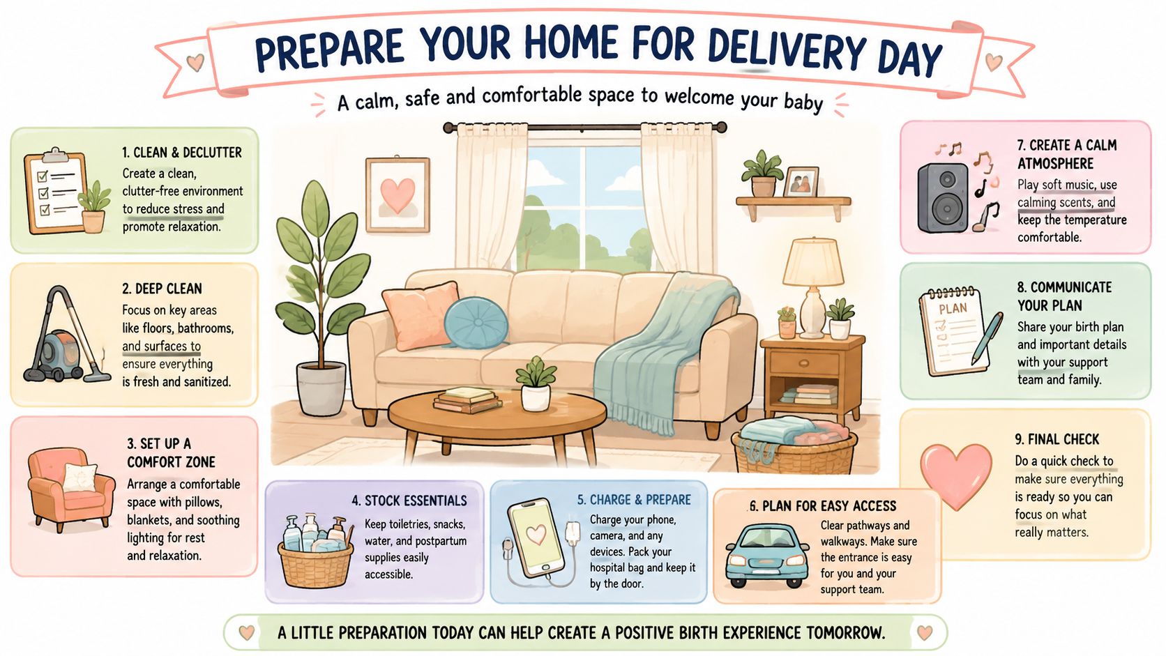 An infographic titled Prepare Your Home for Delivery Day with nine tips for a stress-free environment.