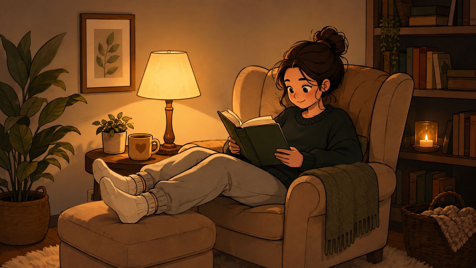 A cozy illustration of a woman relaxing in an armchair with an ottoman while reading a book.