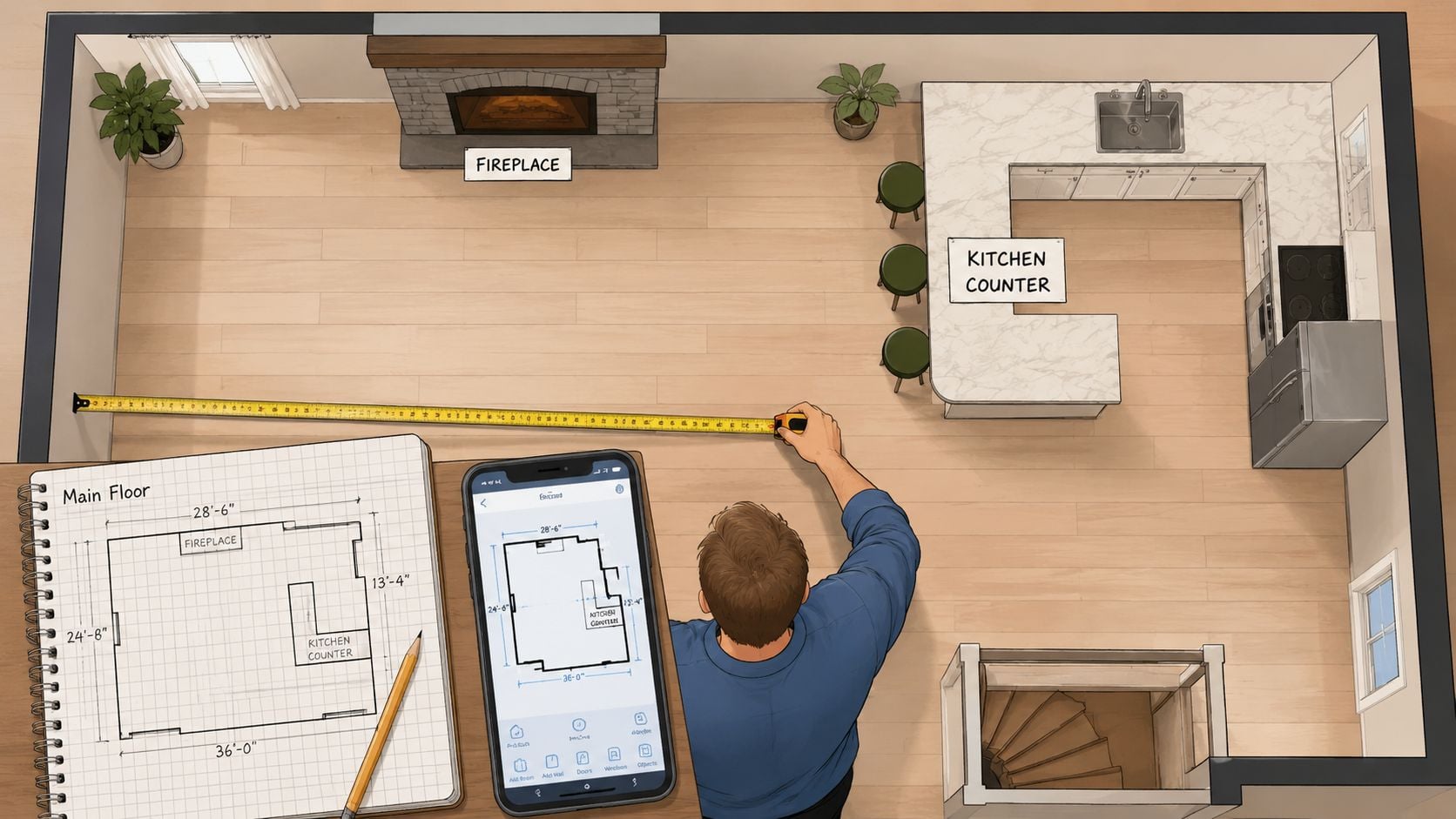 A person using a tape measure to plan an open concept living room layout with a kitchen.