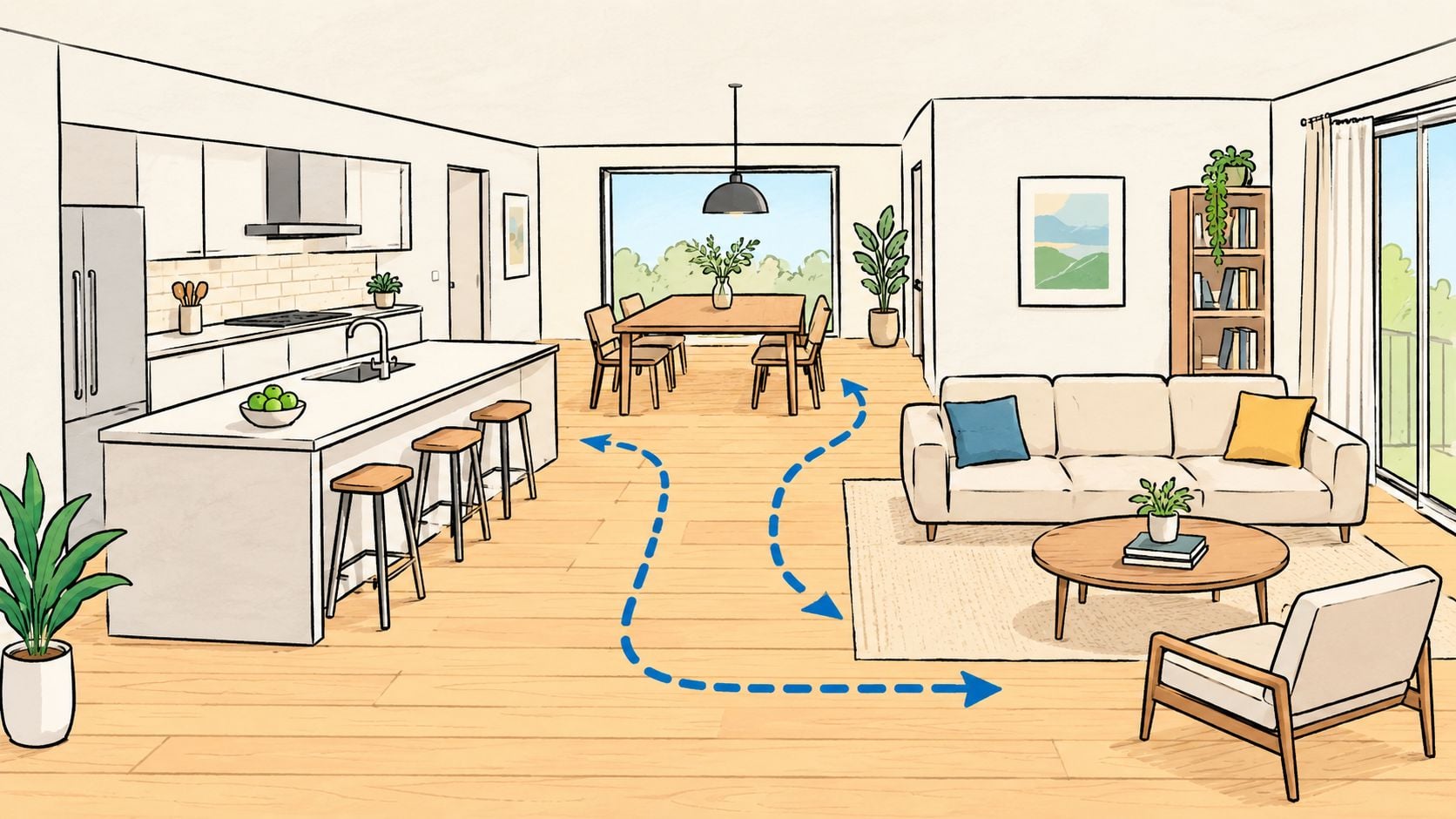 A hand-drawn illustration of an open concept living room and kitchen layout with blue directional arrows.