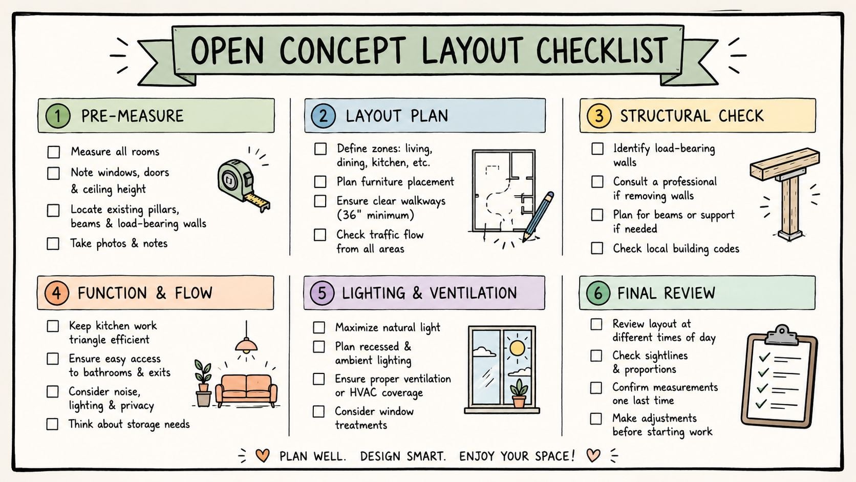 An illustrated checklist for planning an open concept floor plan, divided into six essential renovation steps.