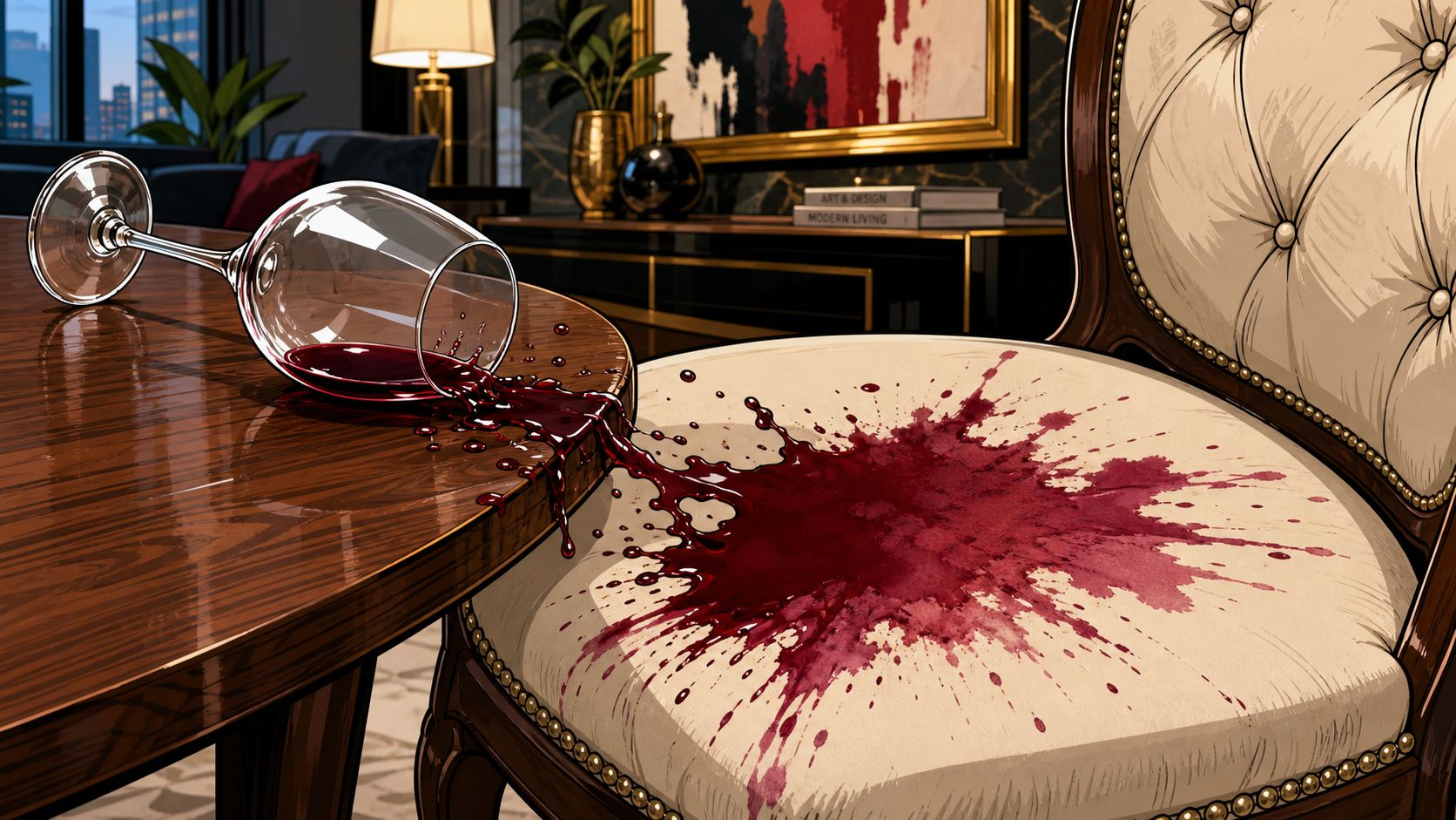 A glass of red wine tipped over, spilling wine across a wooden table and a cream upholstered chair.