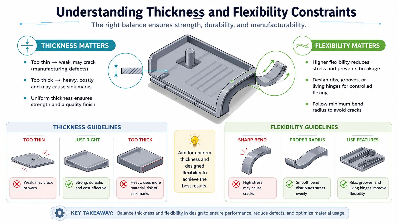 An infographic showing guidelines for managing material thickness and flexibility in product design to prevent defects.