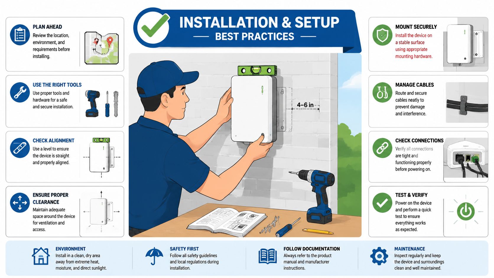 A professional technician carefully installing an electronic device on a wall using a level for precision.