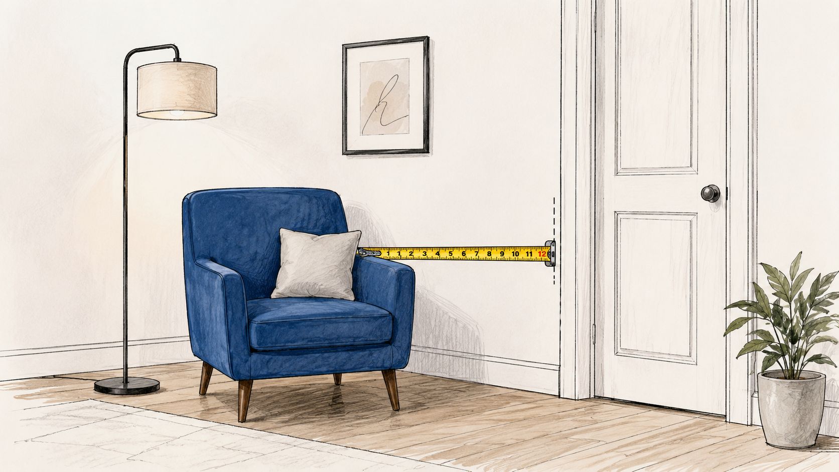 A royal blue accent chair sits next to a doorway, with a measuring tape indicating the narrow gap.