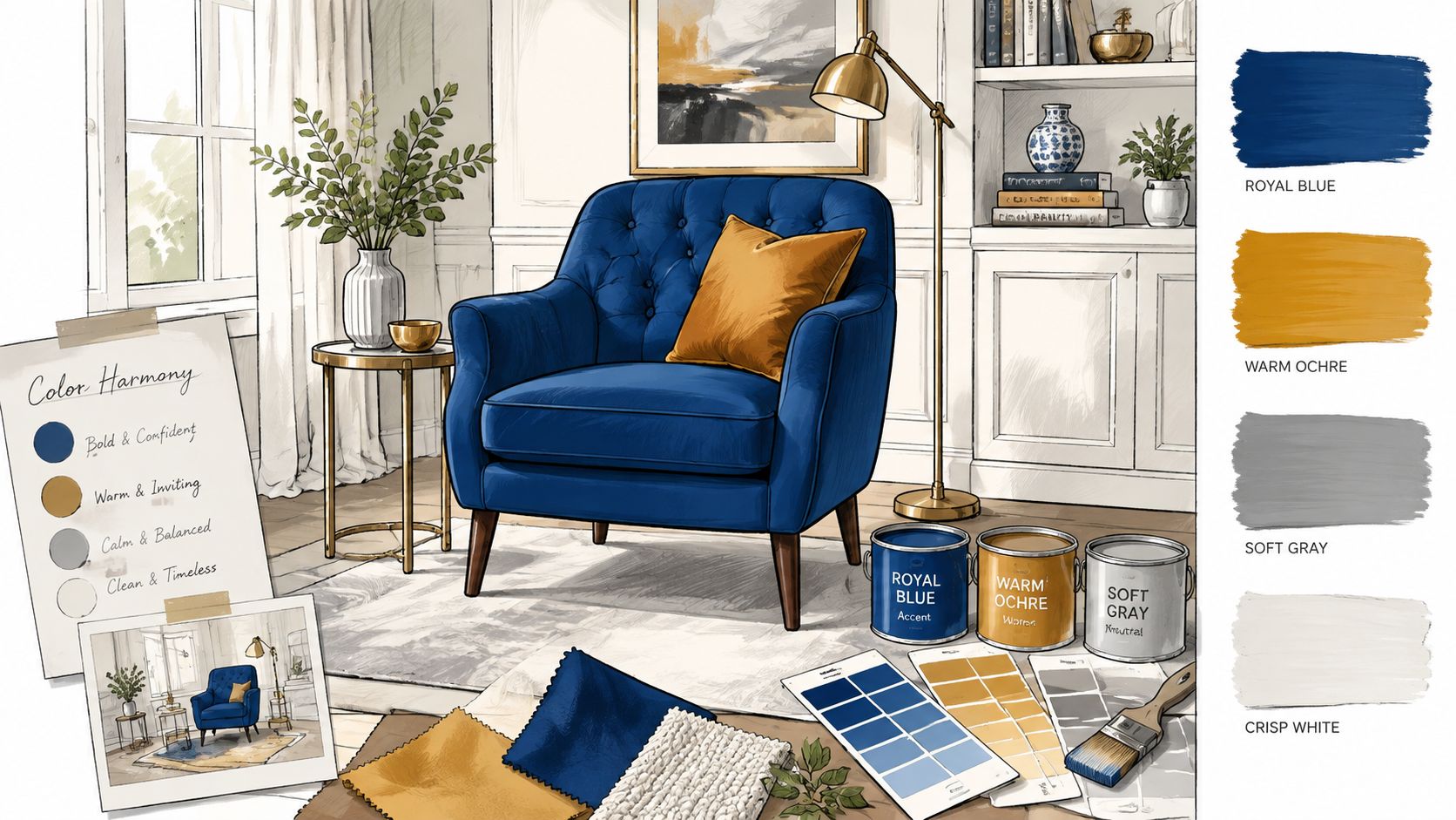 A digital illustration showing a royal blue accent chair with warm ochre cushions in a stylish living room.