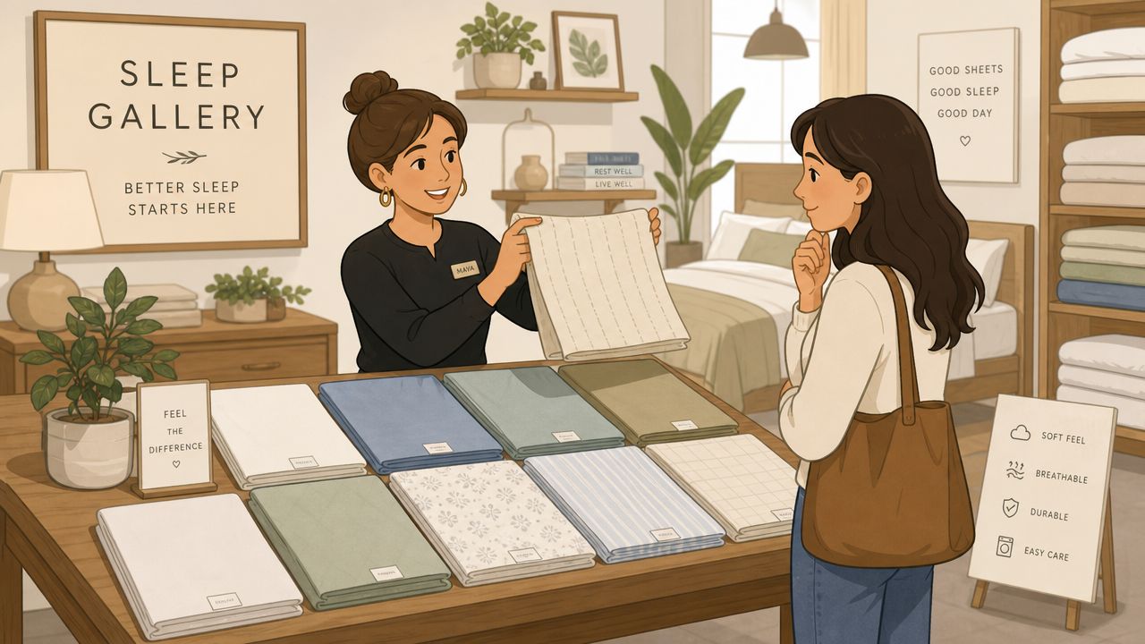 A friendly sales associate shows a high-quality fabric sheet to a customer at a sleep gallery store.
