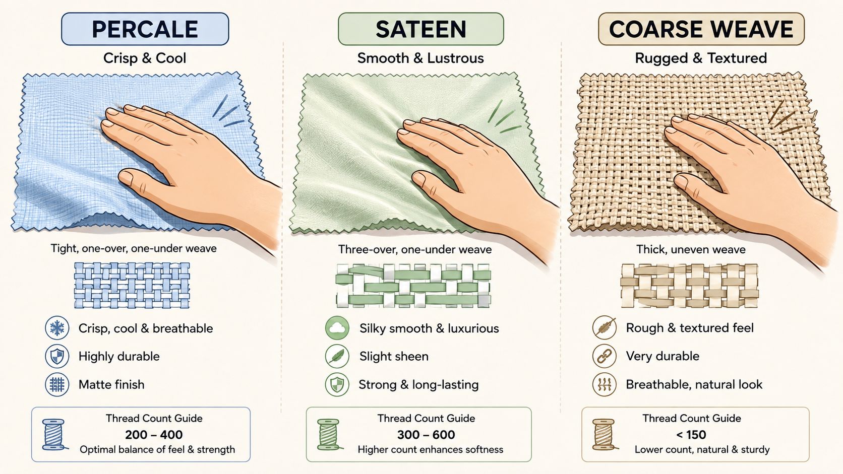 An educational chart comparing characteristics of percale, sateen, and coarse weave fabric textures with thread count guides.