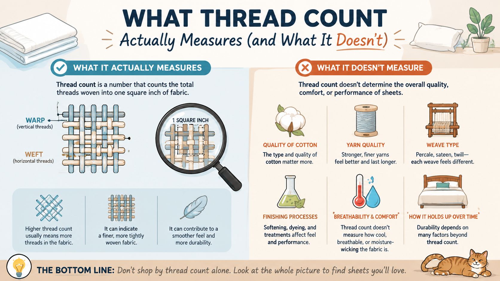 An infographic explaining that thread count only measures threads per square inch, not sheet quality or comfort.