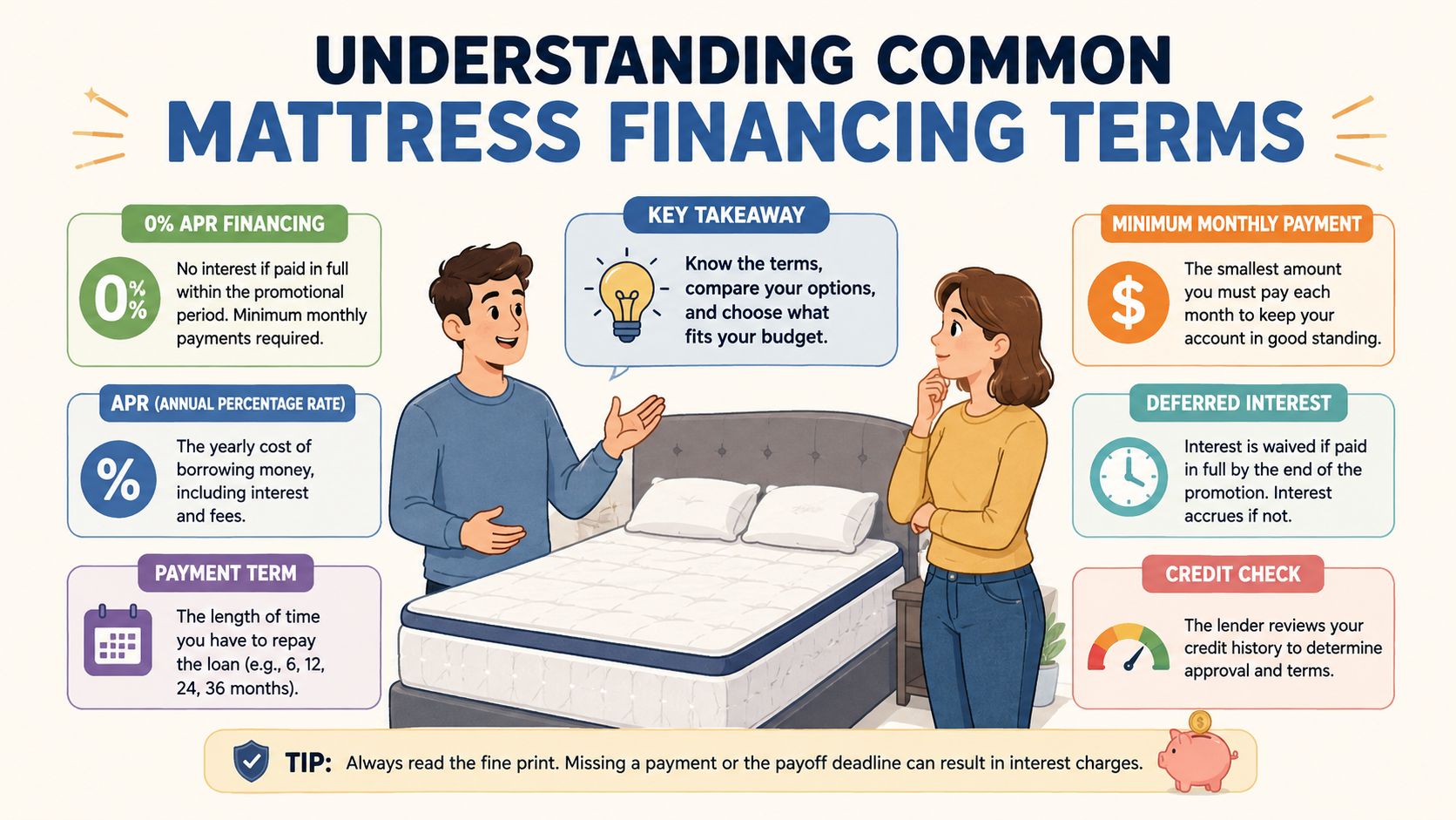 An infographic explaining common mattress financing terms with cartoon characters and definitions for loan concepts.