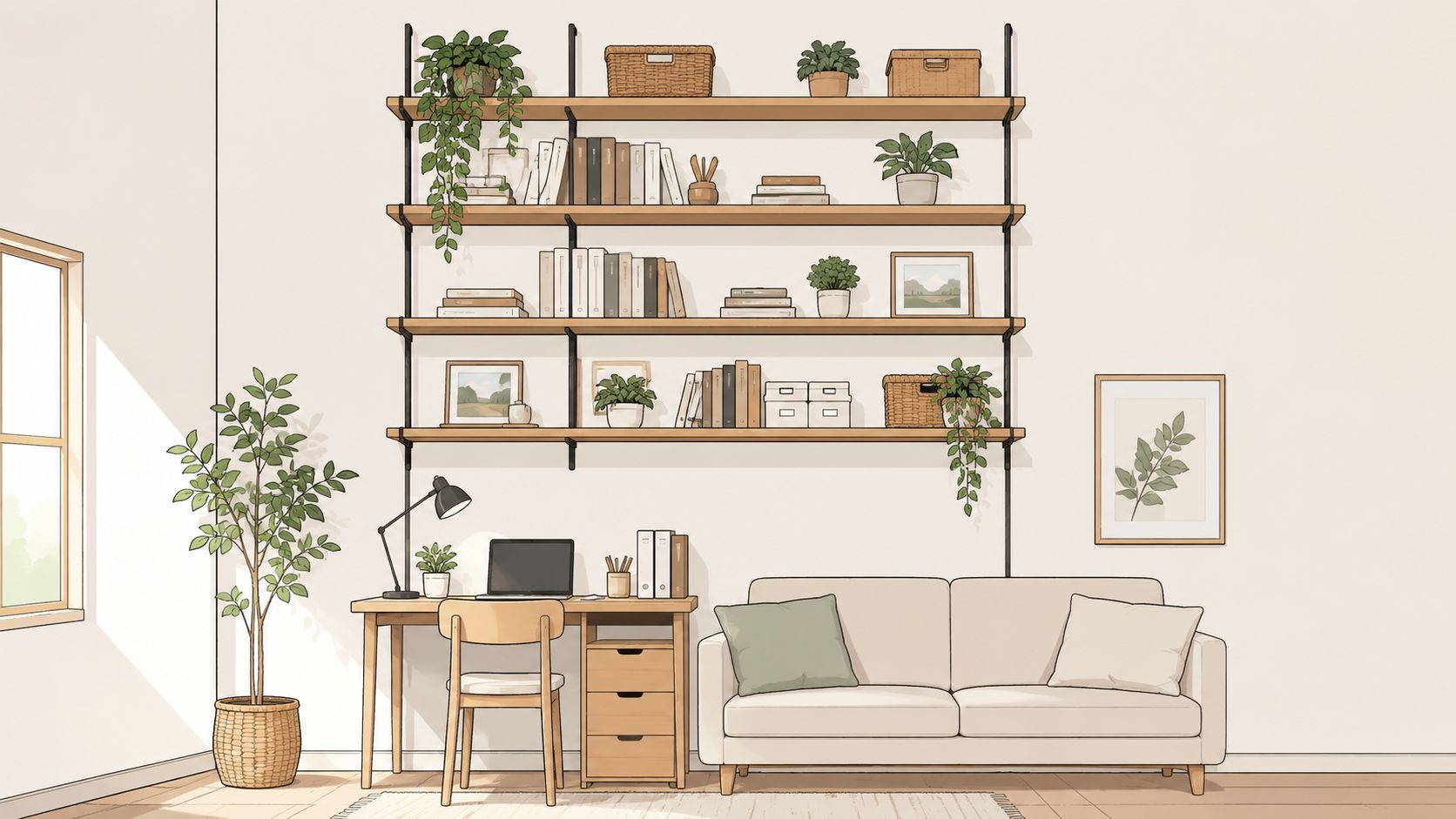 A cozy, minimalist home office corner with a wooden desk, couch, shelving, and indoor plants in a room.