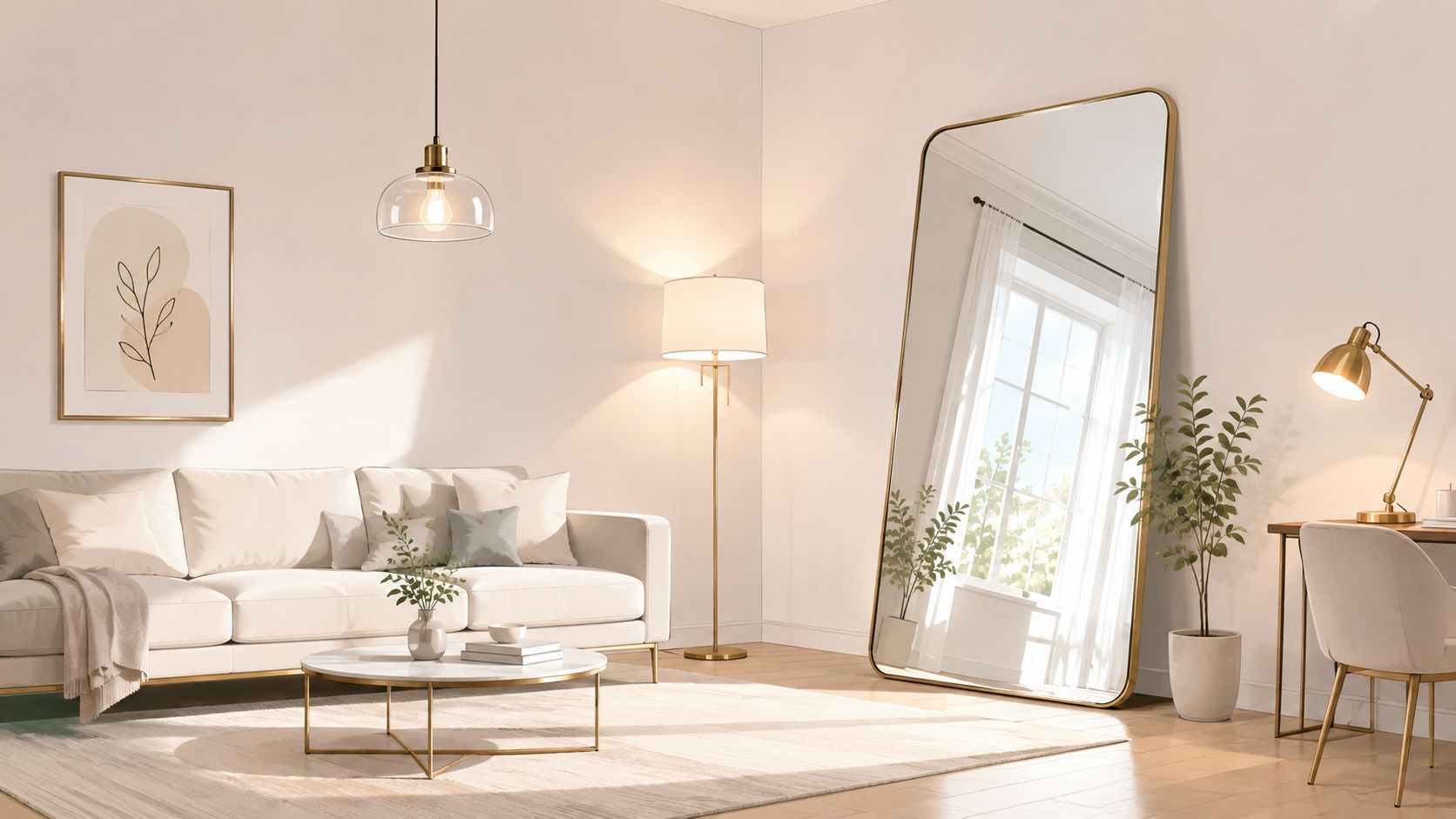 A modern and minimalist living room featuring a cozy white sofa, gold accents, and a large floor mirror.