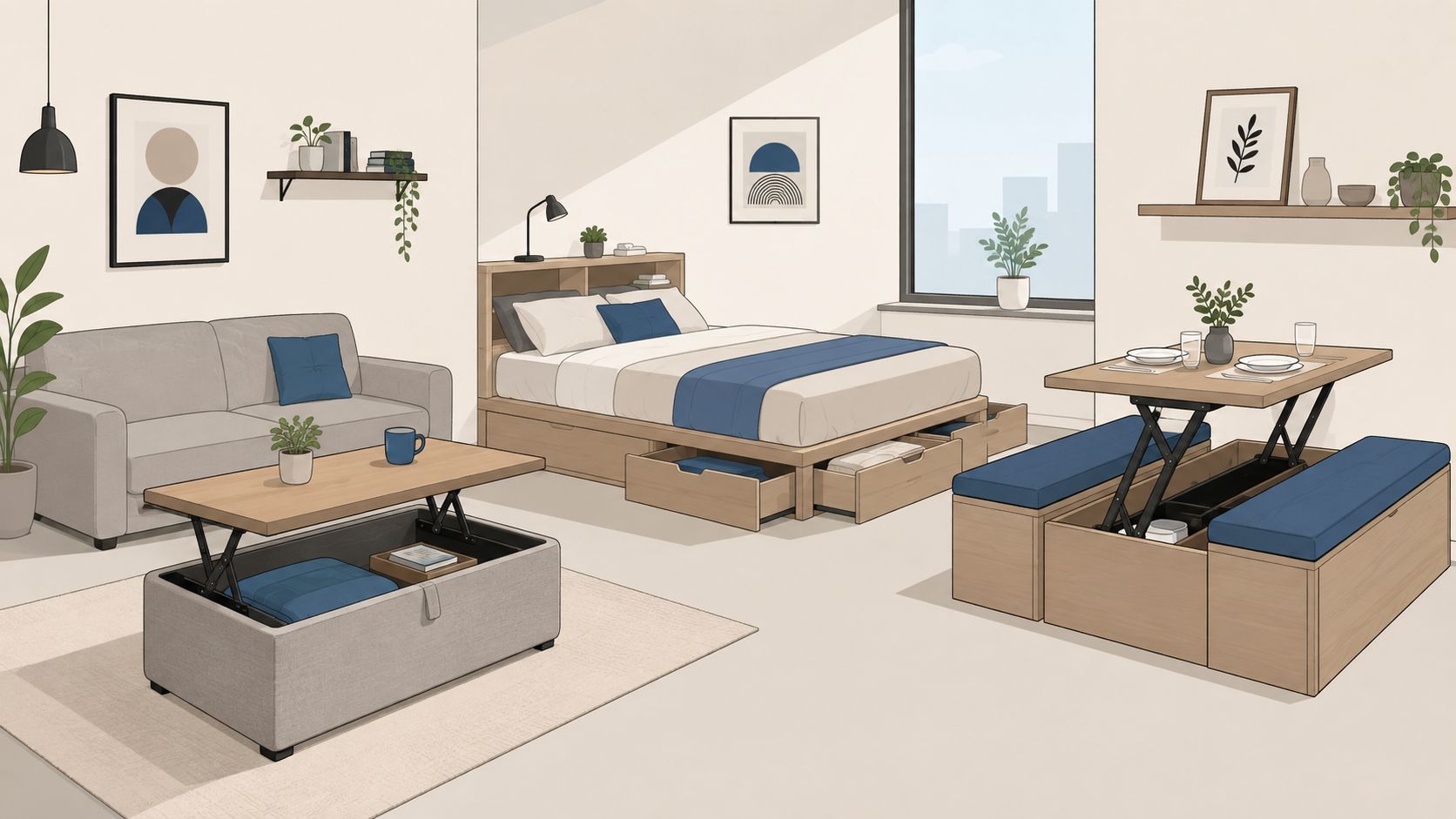 A minimalist studio apartment layout featuring a sofa, a bed with storage, and a convertible dining table.