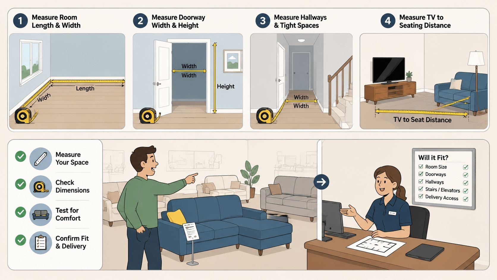 An infographic showing steps to measure home space for furniture delivery, including doors, hallways, and seating distance.