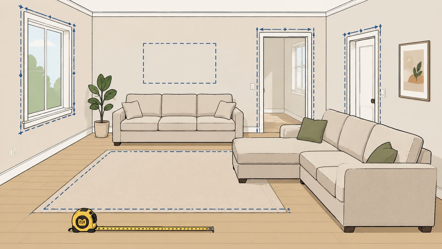 An illustration comparing a standard sofa and a sectional sofa in a living room with measurement tools.