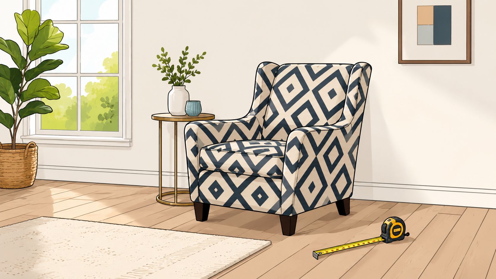 A patterned statement accent chair sits in a bright room next to a side table and plant.
