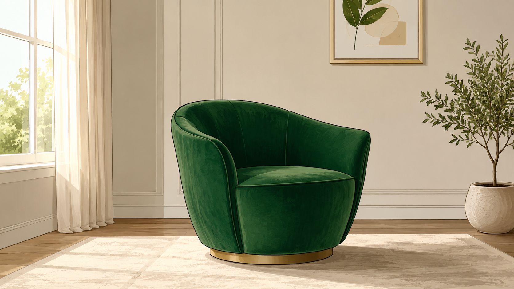 A plush green velvet accent chair with a gold base sitting in a bright sunlit room.