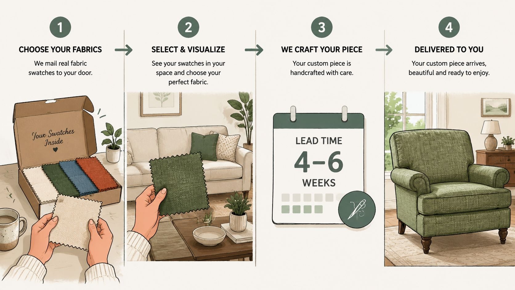 A four-step infographic illustrating the custom furniture ordering process, from choosing fabric swatches to final delivery.