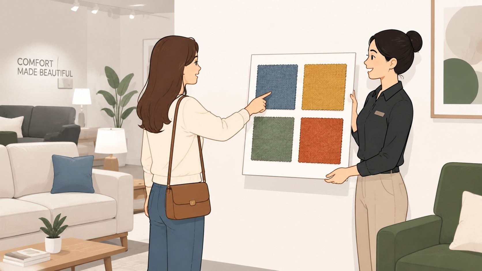 A woman choosing upholstery fabric colors while consulting with a store employee in a modern furniture showroom.