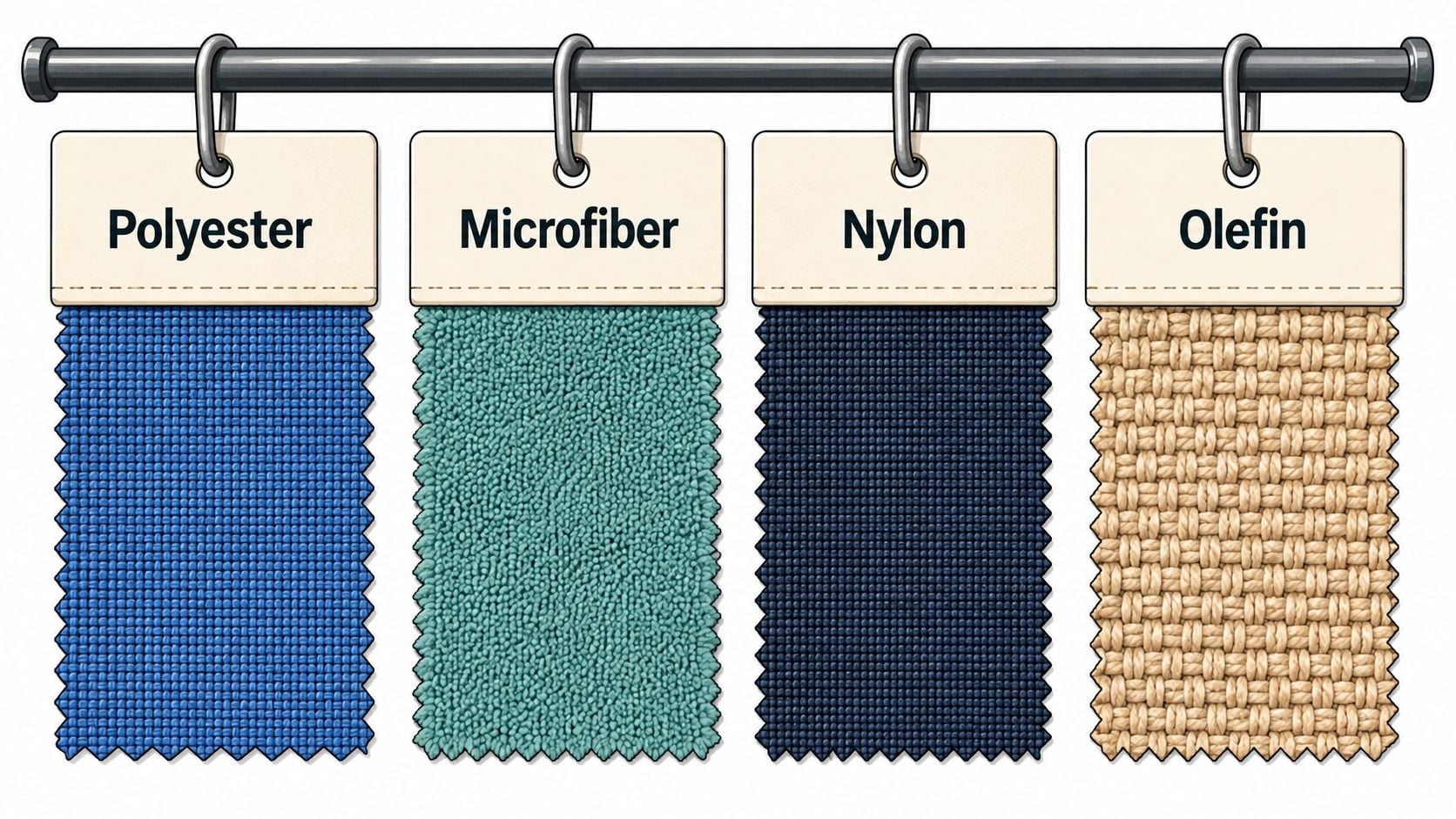 Four fabric swatches labeled Polyester, Microfiber, Nylon, and Olefin hanging from a metal rail.