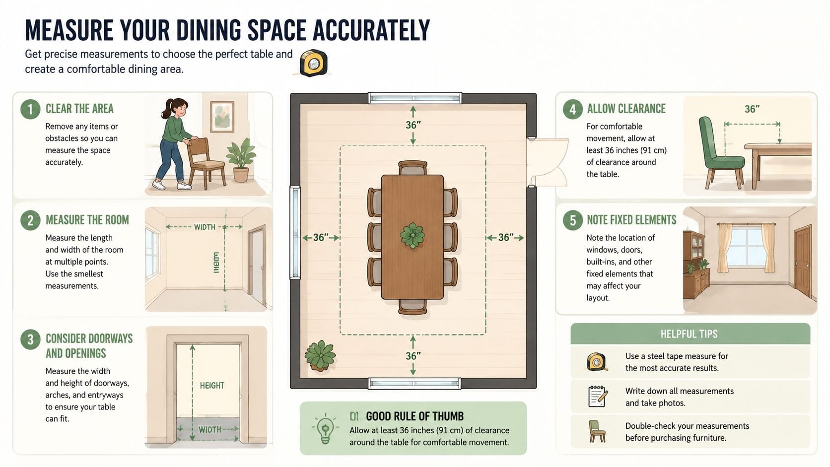 An infographic showing instructions on how to accurately measure a dining room space for a table.